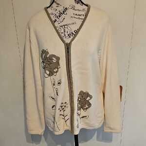 Alia Cream Zip Cardigan with Taupe Floral Appliqué